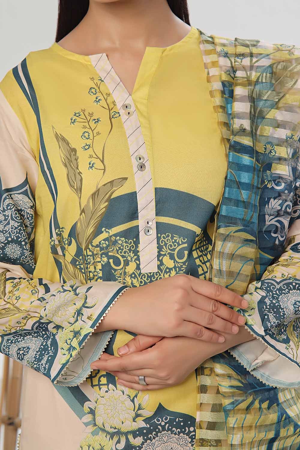 3 Piece Unstitched Embroidered Lawn Suit with Slub Stripe Dupatta Dupatta