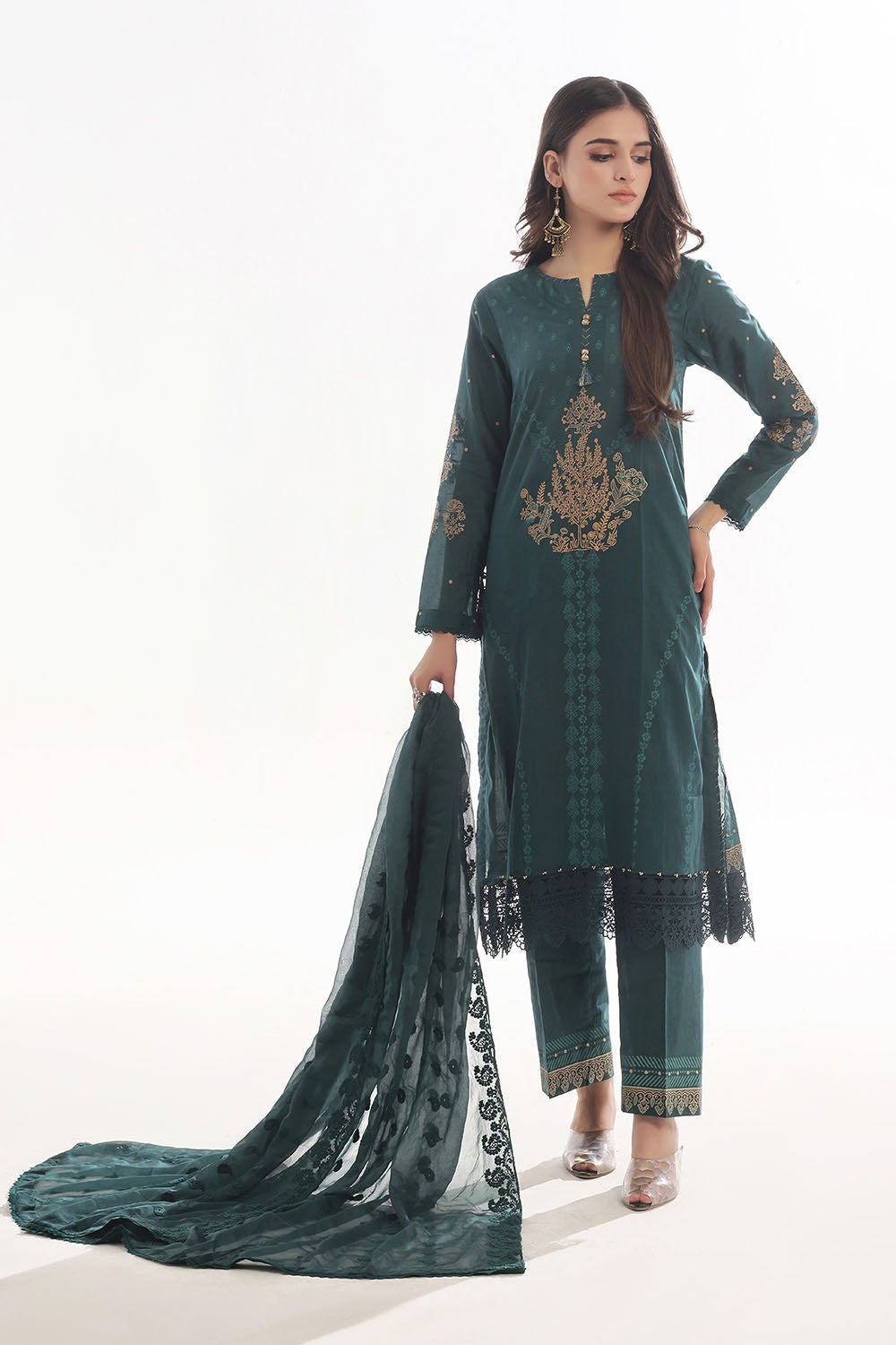 3 Piece Unstitched Embroidered Lacquer Printed Suit with Embroidered Chiffon Dupatta CLF-42040
