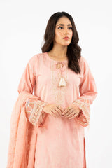 3 Piece Unstitched Embroidered Lacquer Printed Suit with Embroidered Chiffon Dupatta CLF-42041