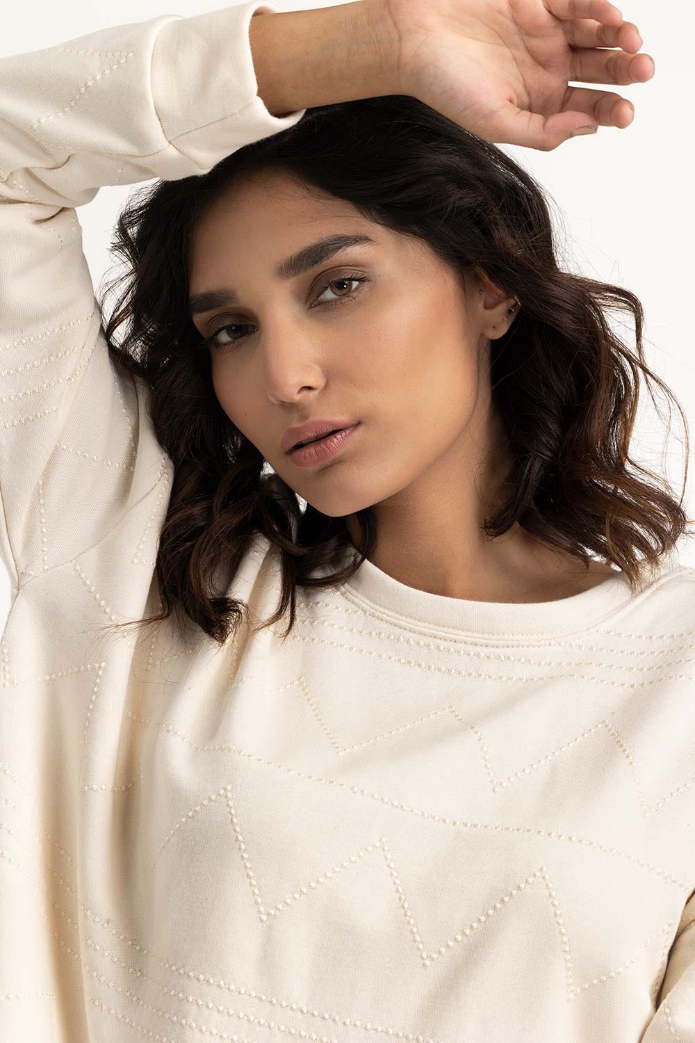 Cream Embroidered Sweatshirt 224-212-045