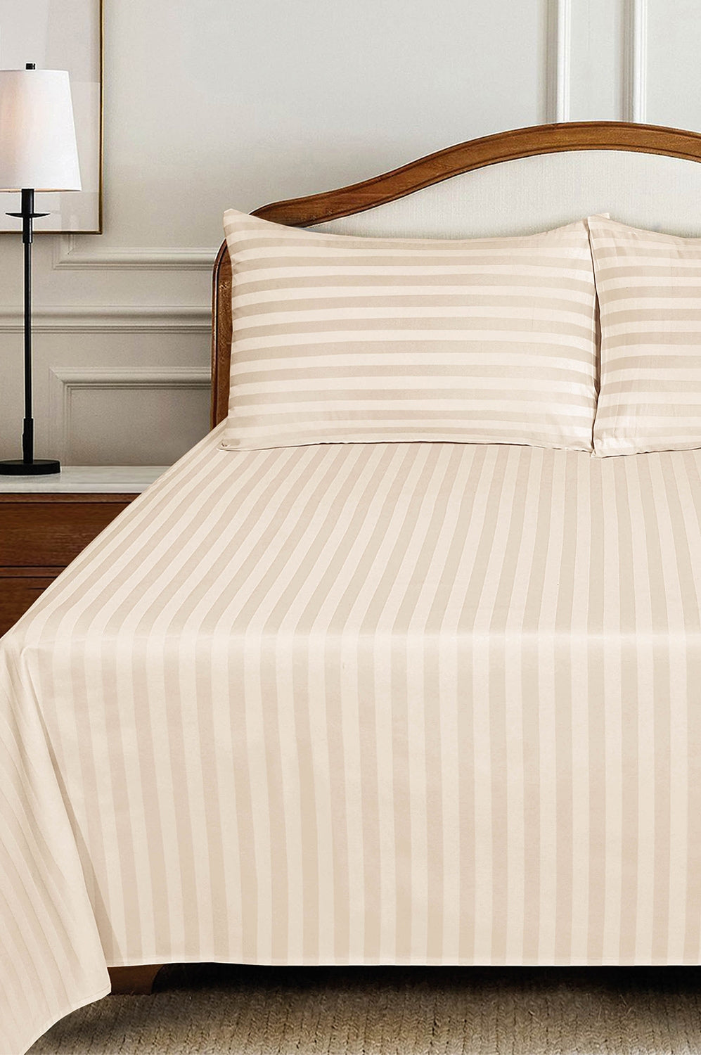 Cream Stripe Satin T-250 Bed Sheet Set 25