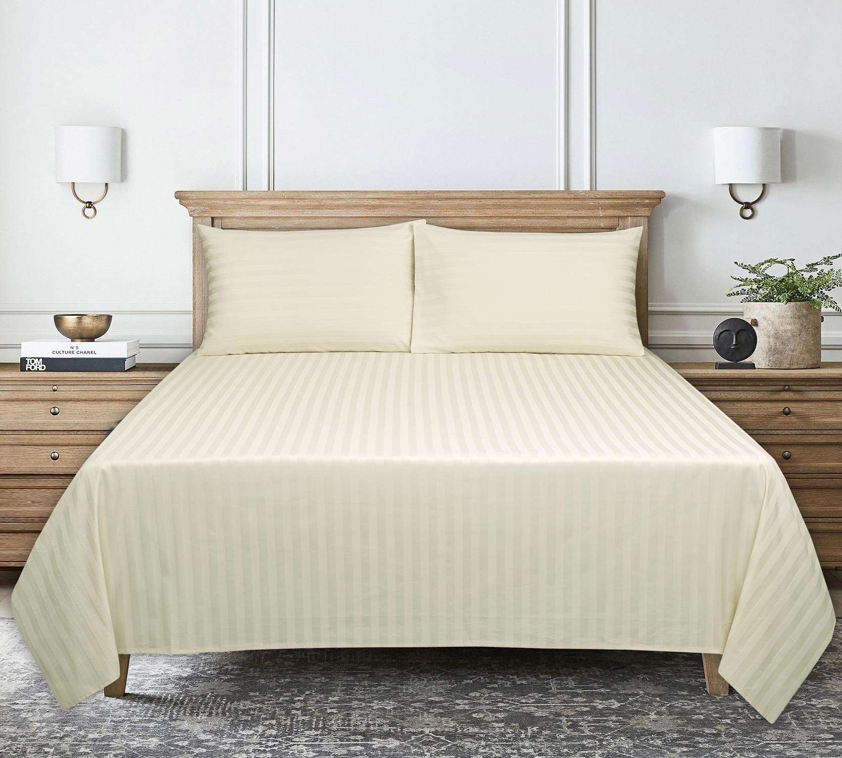 Cream Stripe Satin T-250 Bed Sheet Set 24