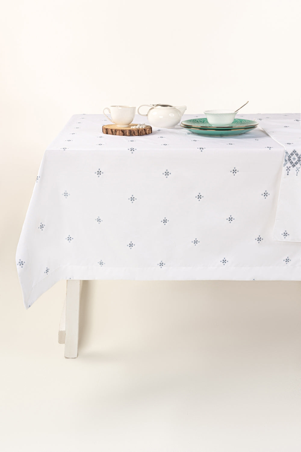 Blue Cross Stitch Embroidered Table Cover