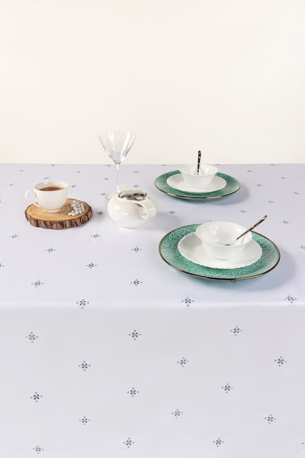 Blue Cross Stitch Embroidered Table Cover