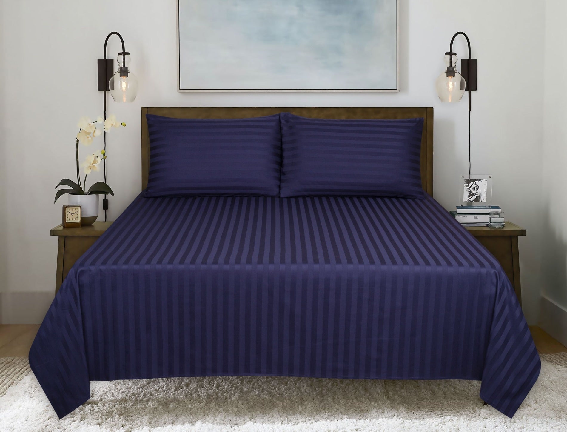 Deep Ocean Stripe Satin T-250 Bedsheet set