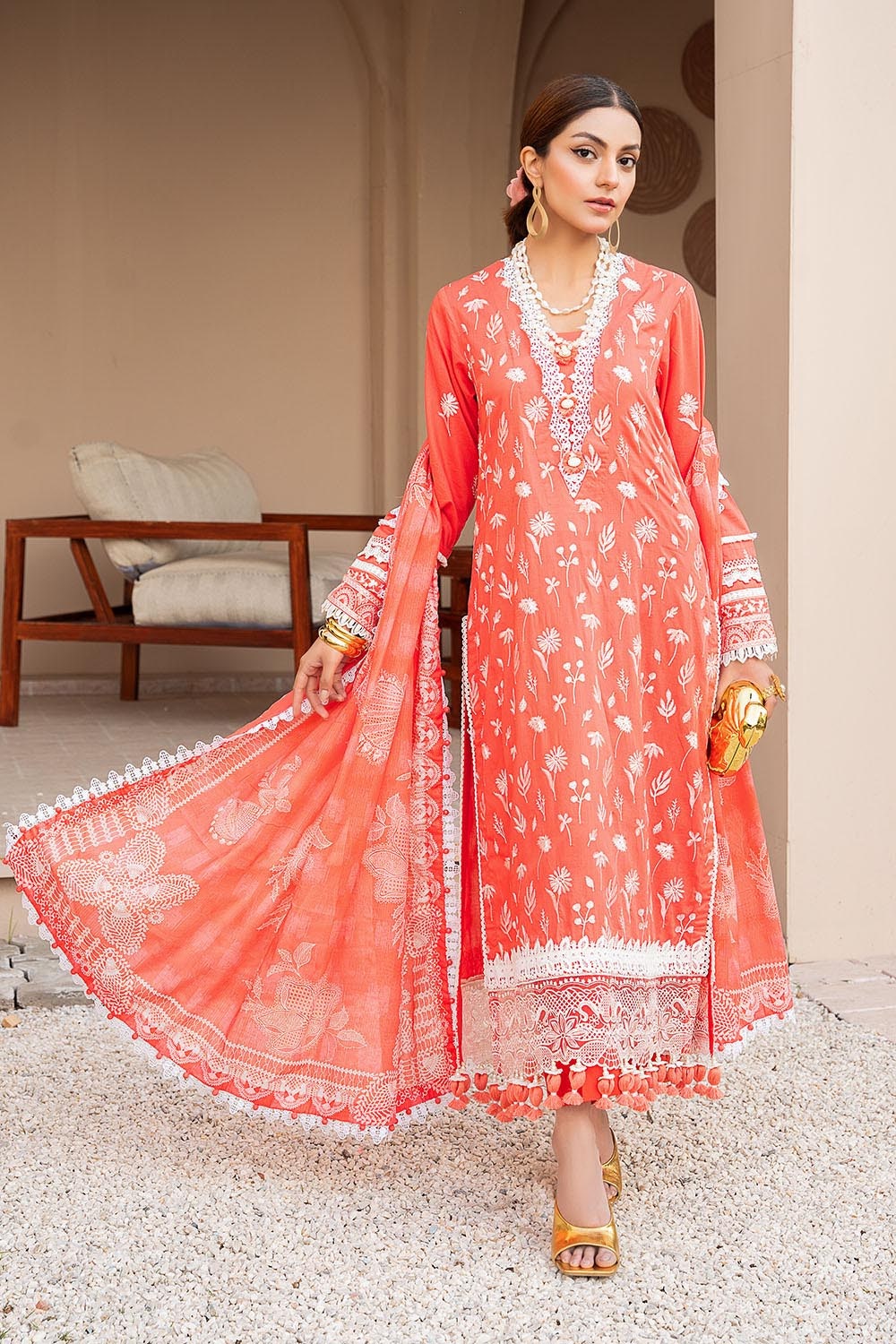 3 Piece Unstitched Embroidered Lawn Suit with Printed Denting Lawn Dupatta DN-42045