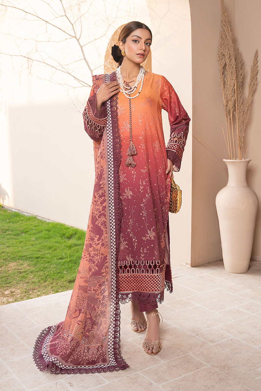 3 Piece Unstitched Embroidered Lawn Suit with Printed Denting Lawn Dupatta