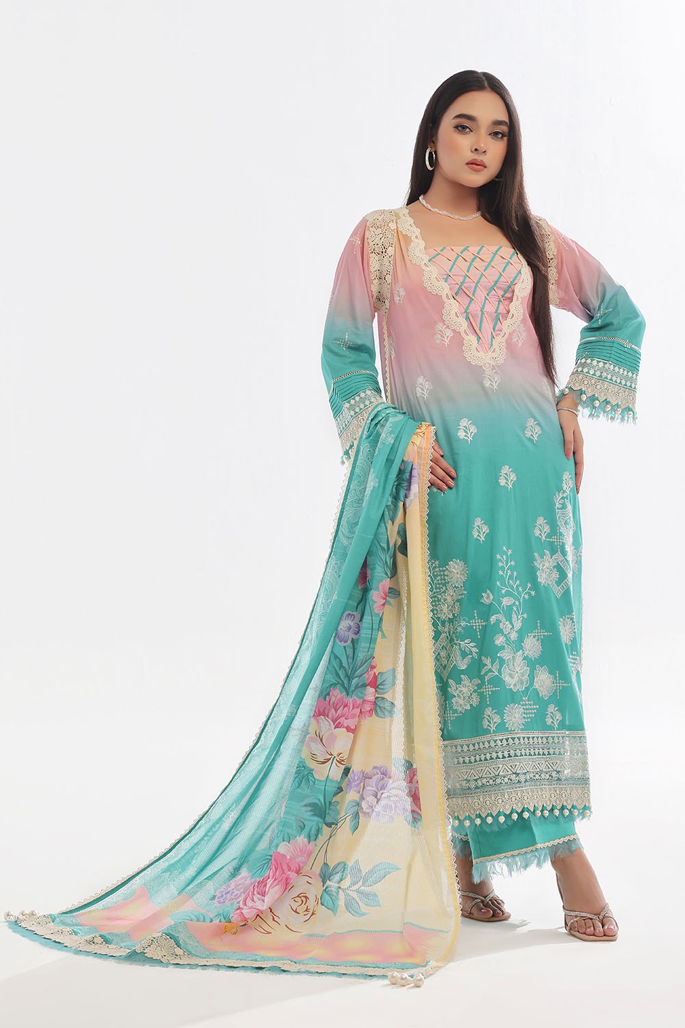 3 Piece Unstitched Embroidered Lawn Suit with Printed Denting Lawn Dupatta DN-42047