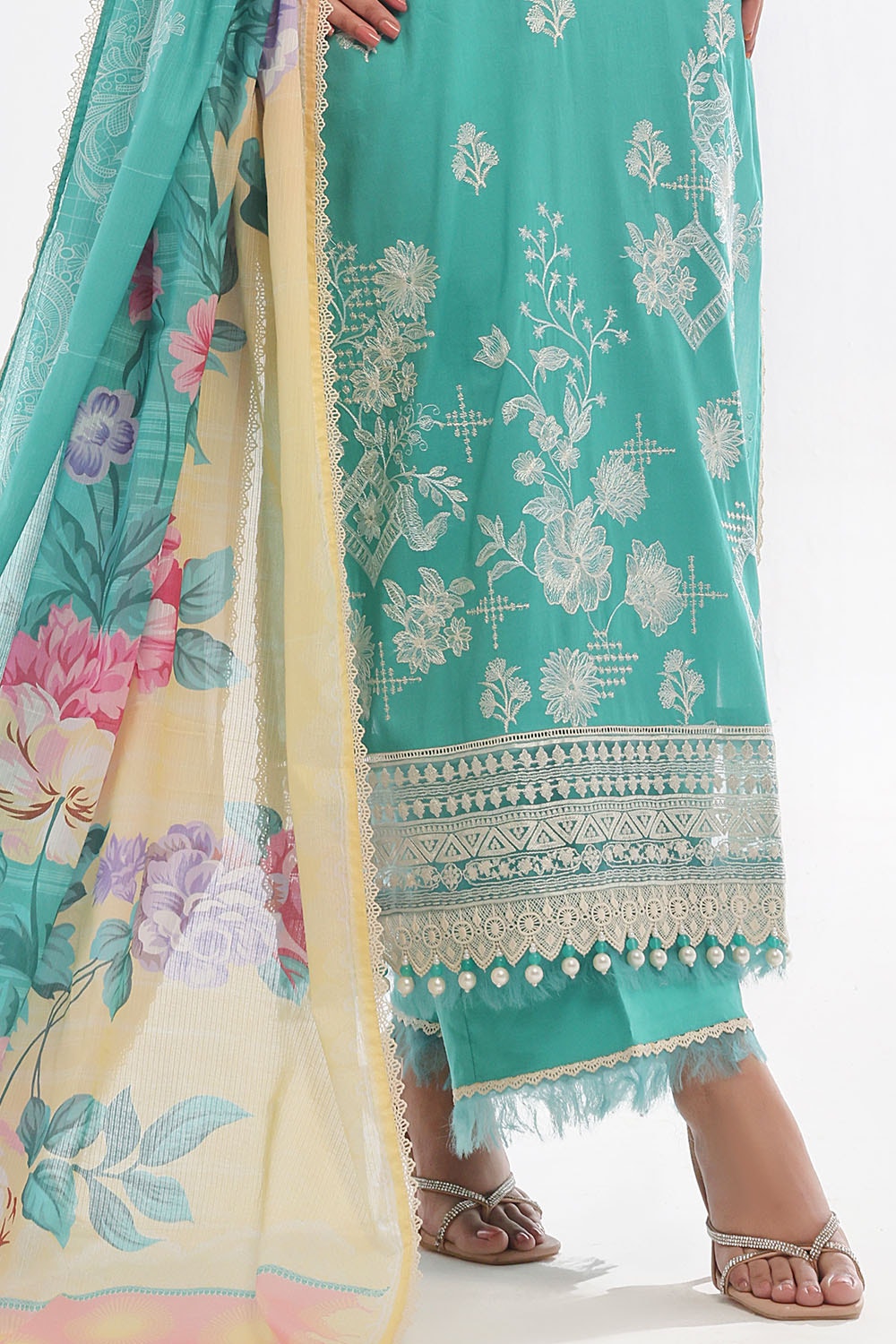 3 Piece Unstitched Embroidered Lawn Suit with Printed Denting Lawn Dupatta DN-42047
