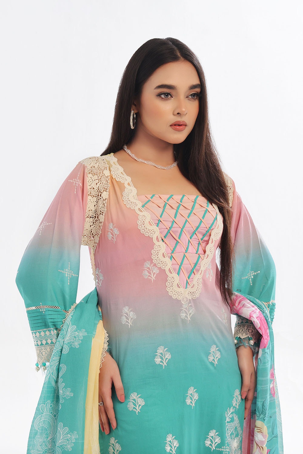 3 Piece Unstitched Embroidered Lawn Suit with Printed Denting Lawn Dupatta DN-42047