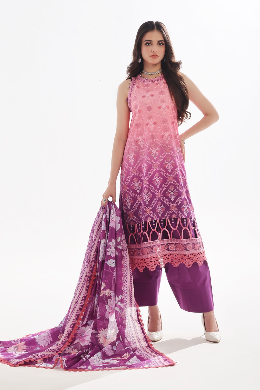 3 Piece Unstitched Embroidered Lawn Suit with Printed Denting Lawn Dupatta DN-42049