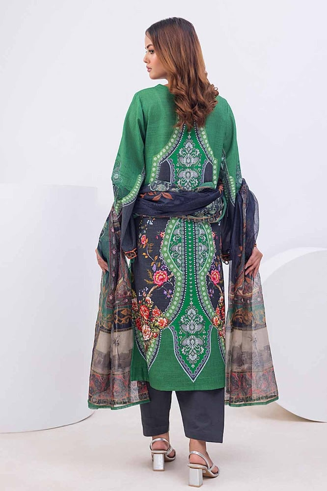 3 Piece Printed Khaddar Unstitched Suit with Net Dupatta