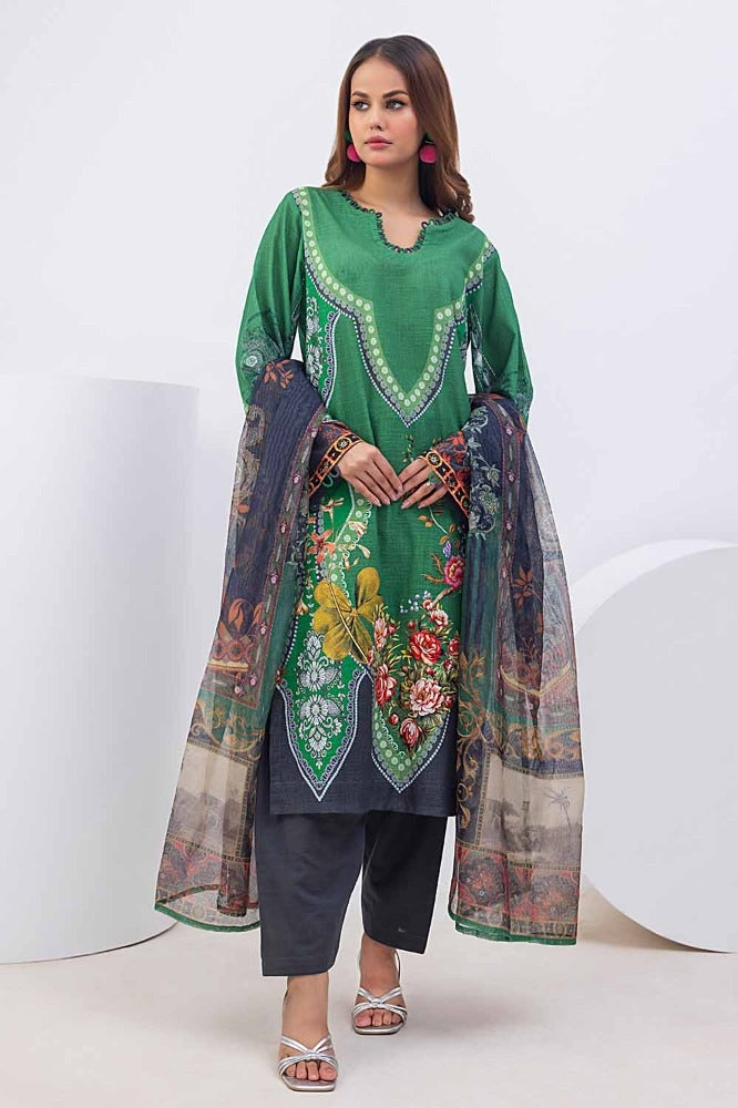 3 Piece Printed Khaddar Unstitched Suit with Net Dupatta