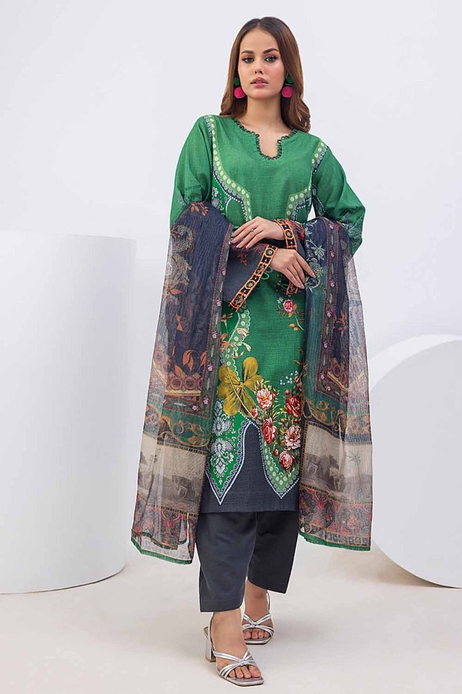 3 Piece Printed Khaddar Unstitched Suit with Net Dupatta