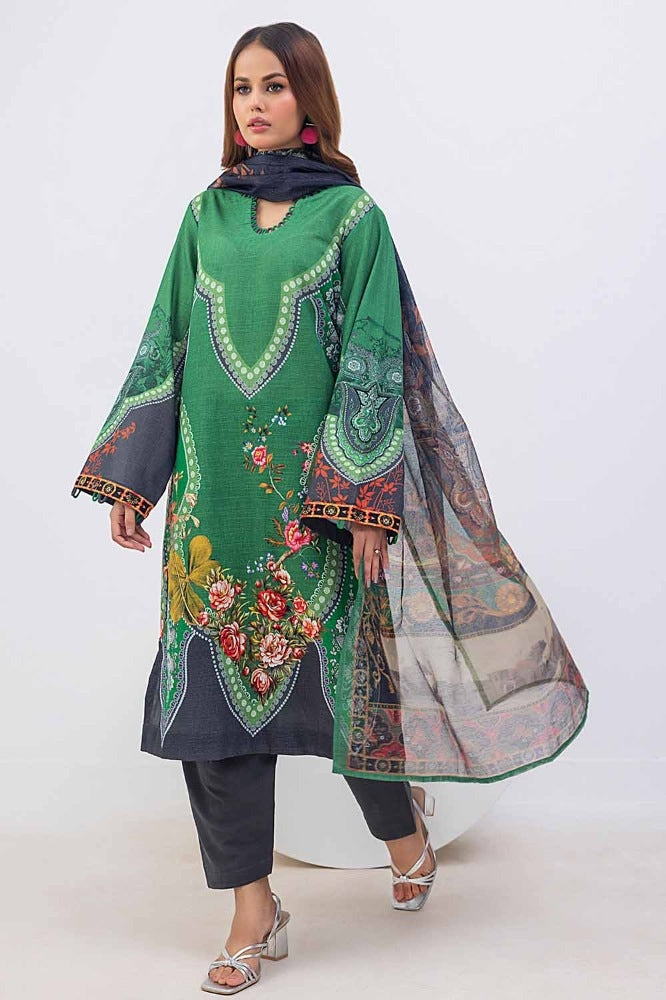 3 Piece Printed Khaddar Unstitched Suit with Net Dupatta