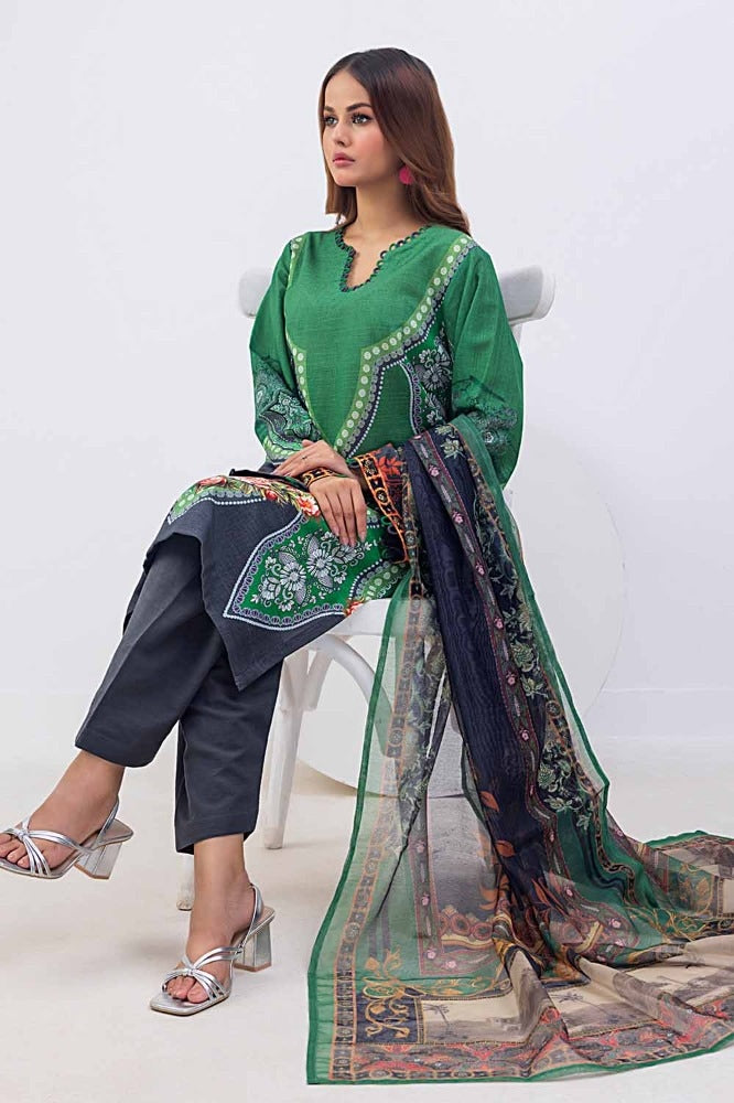 3 Piece Printed Khaddar Unstitched Suit with Net Dupatta