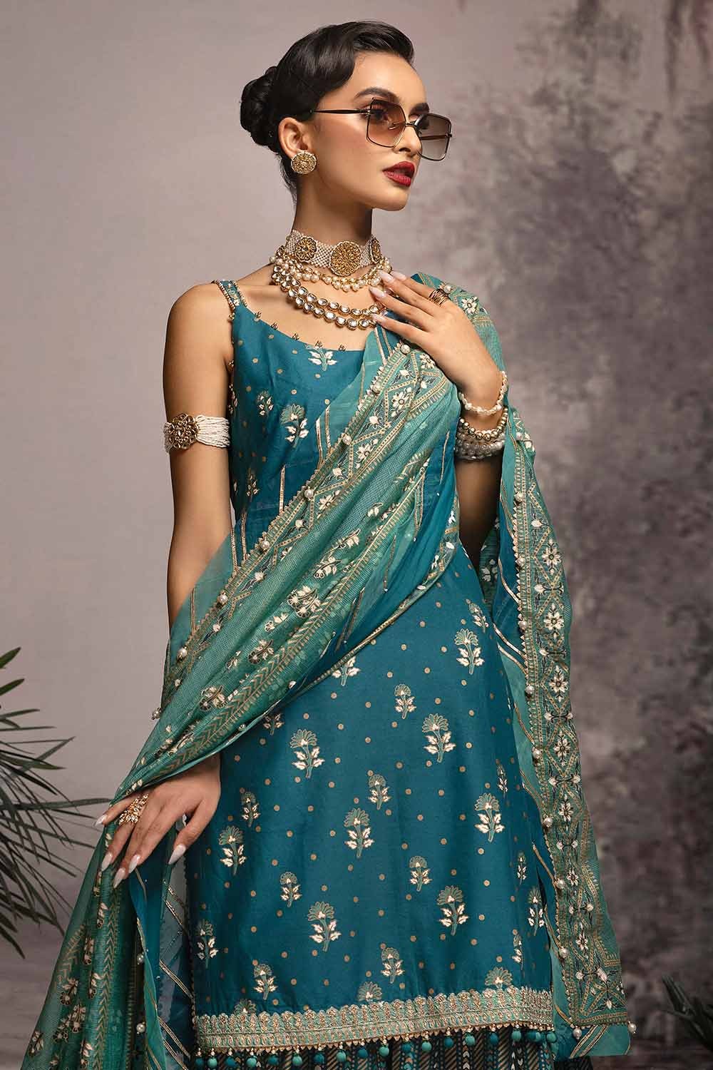 3 Piece Embroidered Gold and Lacquer Printed Lawn Suit with Cotton Net Dupatta CN-32023