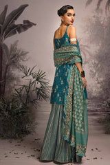 3 Piece Embroidered Gold and Lacquer Printed Lawn Suit with Cotton Net Dupatta CN-32023