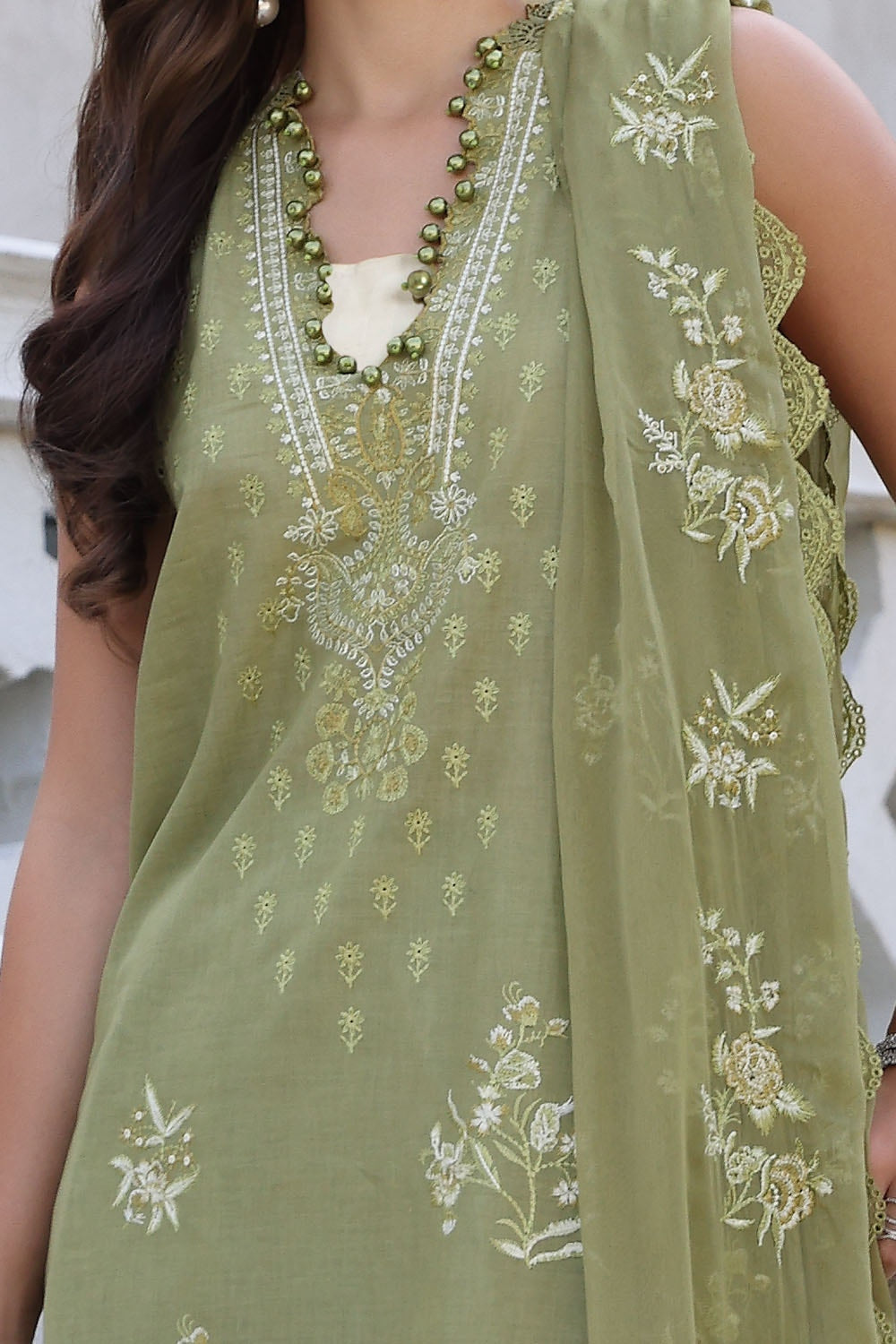 3 Piece Unstitched Embroidered Lawn Suit with Embroidered Chiffon Dupatta PM-52029