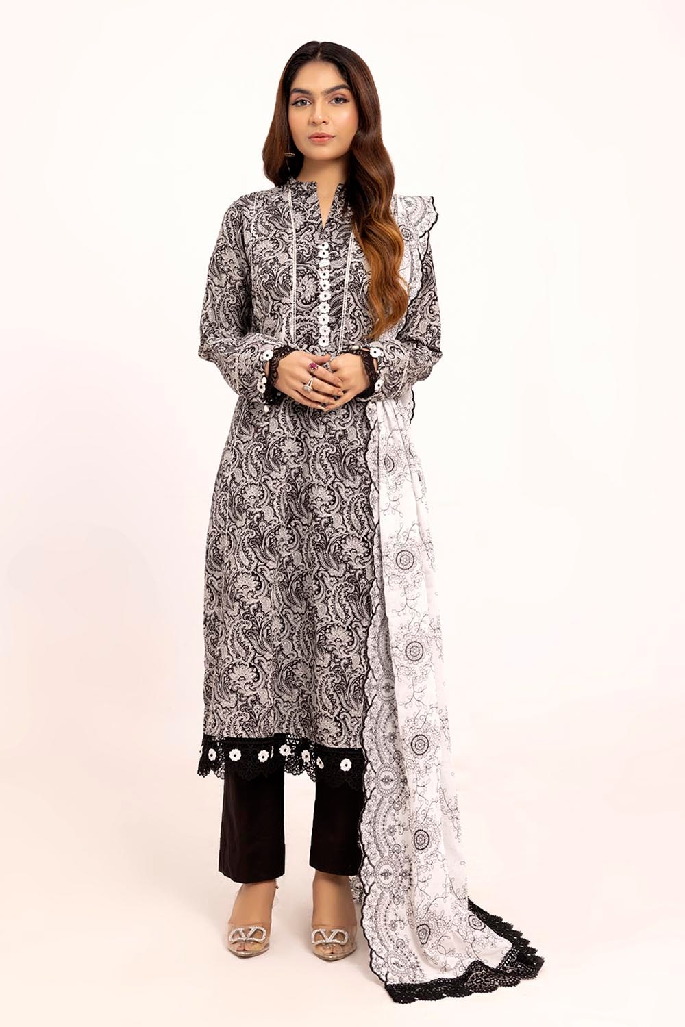 3 Piece Unstitched Embroidered Printed Lawn Suit B-52019