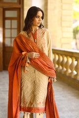 3 Piece Unstitched Embroidered Raw Silk Suit with Embroidered Organza Dupatta FE-52002