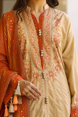 3 Piece Unstitched Embroidered Raw Silk Suit with Embroidered Organza Dupatta FE-52002