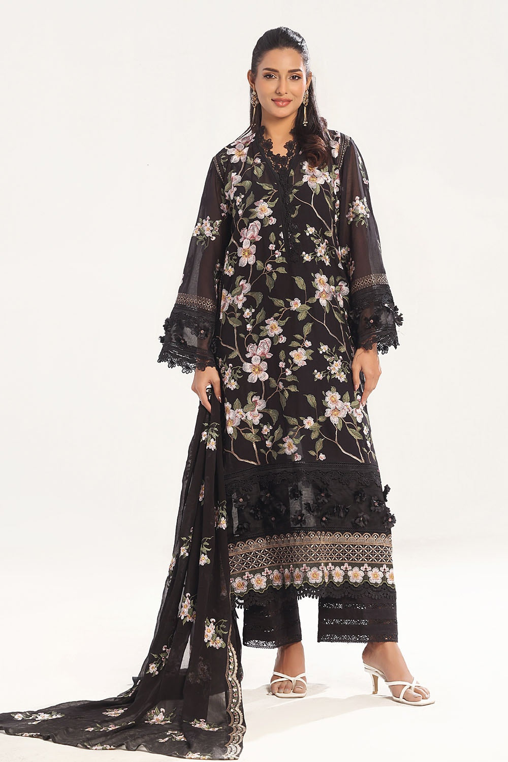3 Piece Unstitched Embroidered Swiss Voile Suit with Embroidered Chiffon Dupatta LSV-52008