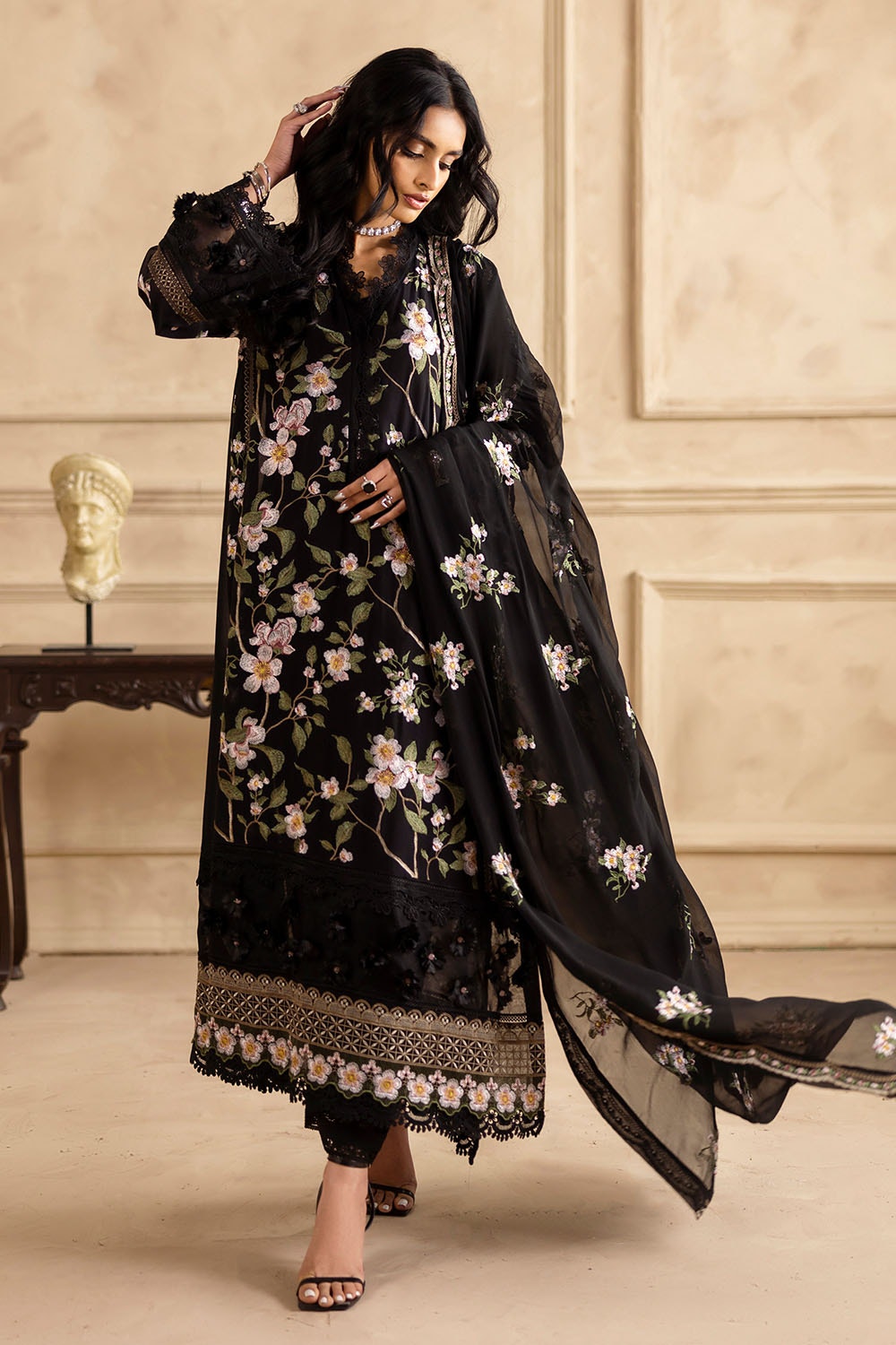3 Piece Unstitched Embroidered Swiss Voile Suit with Embroidered Chiffon Dupatta LSV-52008