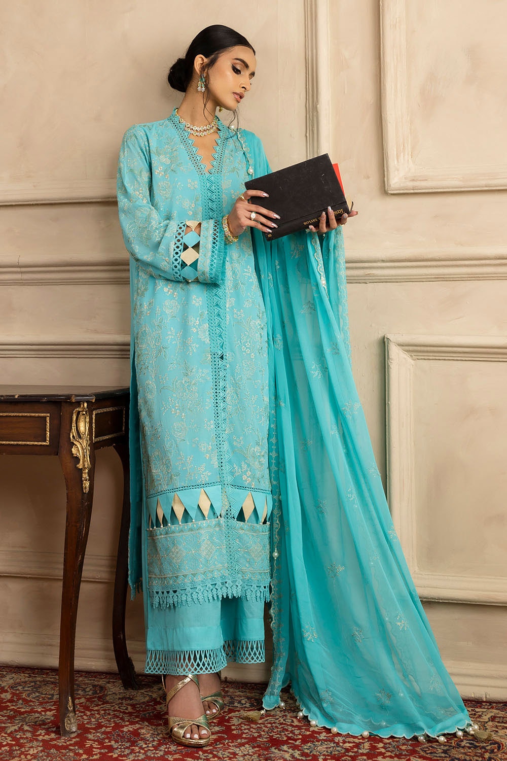 3 Piece Unstitched Embroidered Swiss Voile Suit with Embroidered Chiffon Dupatta LSV-52005