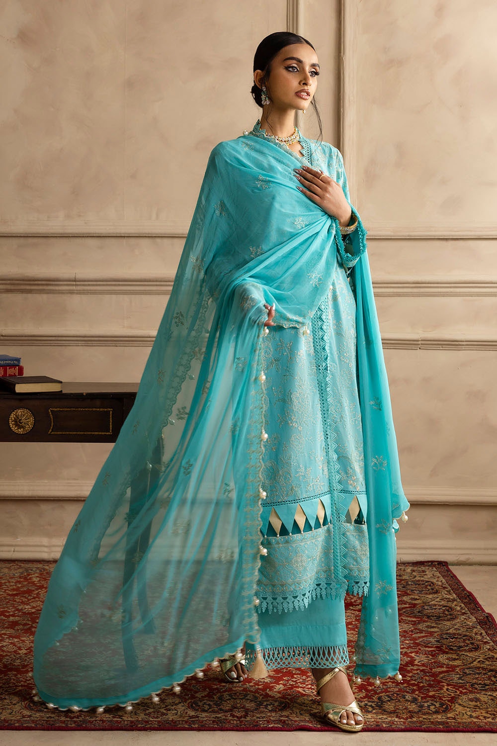 3 Piece Unstitched Embroidered Swiss Voile Suit with Embroidered Chiffon Dupatta LSV-52005