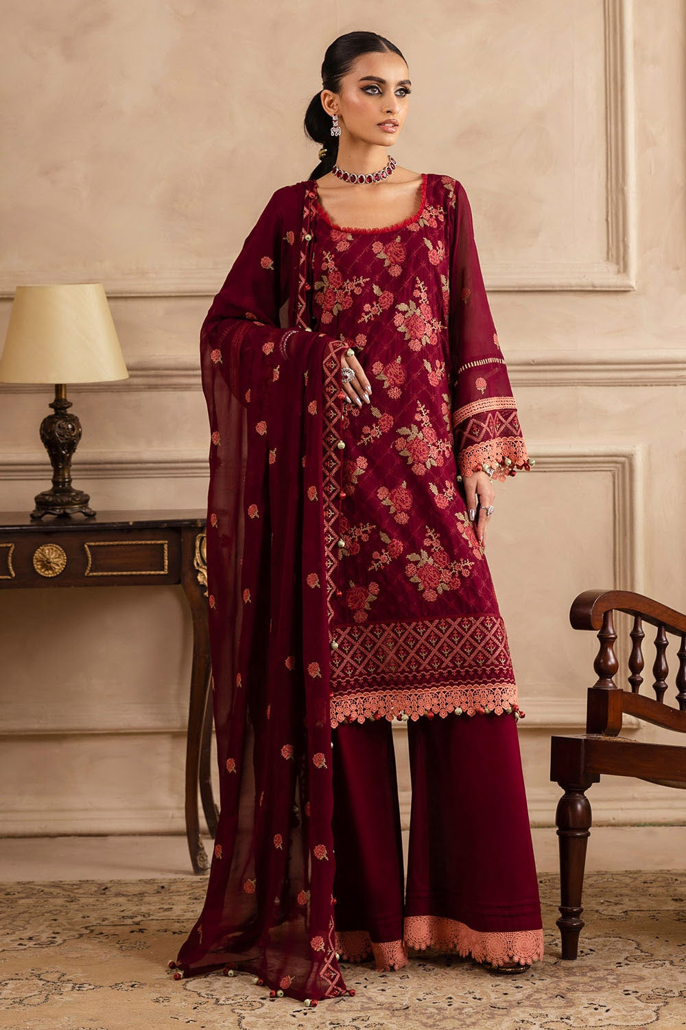 3 Piece Unstitched Embroidered Swiss Voile Suit with Embroidered Chiffon Dupatta LSV-52022