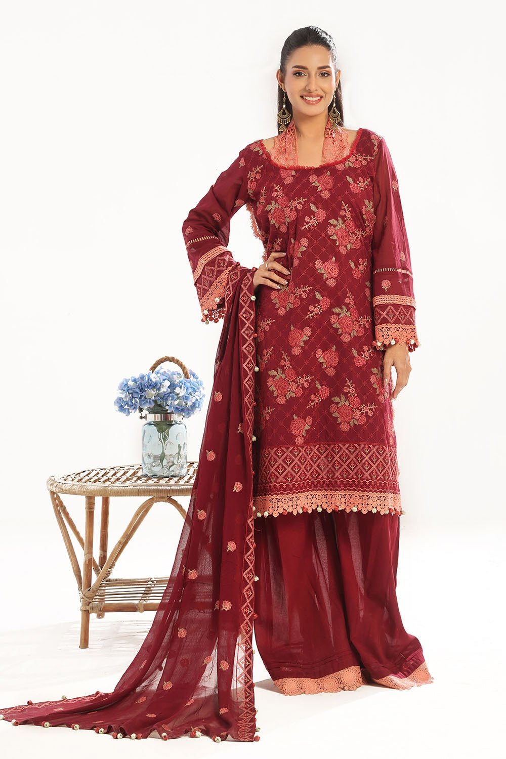 3 Piece Unstitched Embroidered Swiss Voile Suit with Embroidered Chiffon Dupatta LSV-52022
