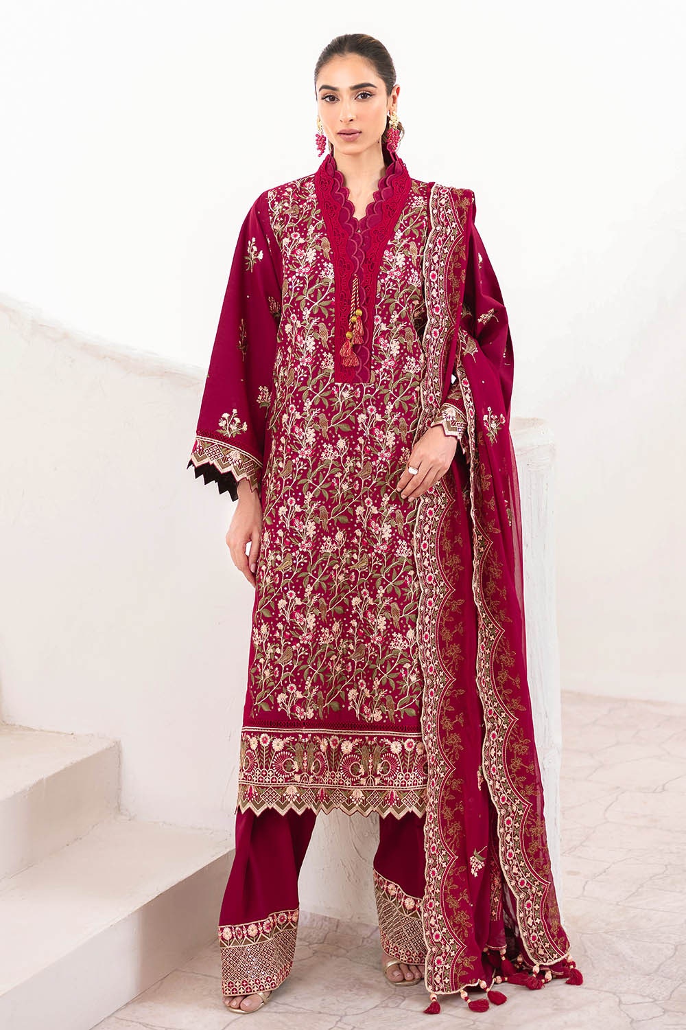3 Piece Unstitched Embroidered Lawn Suit with Embroidered Chiffon Dupatta