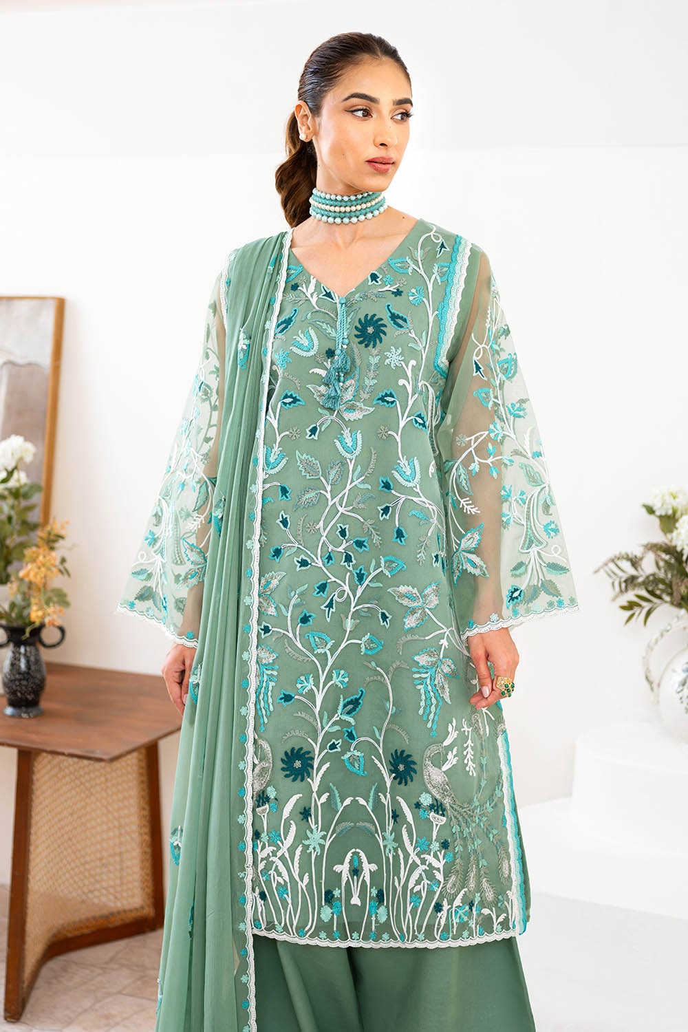 3 Piece Unstitched Embroidered Organza Suit with Embroidered Chiffon Dupatta FE-52157