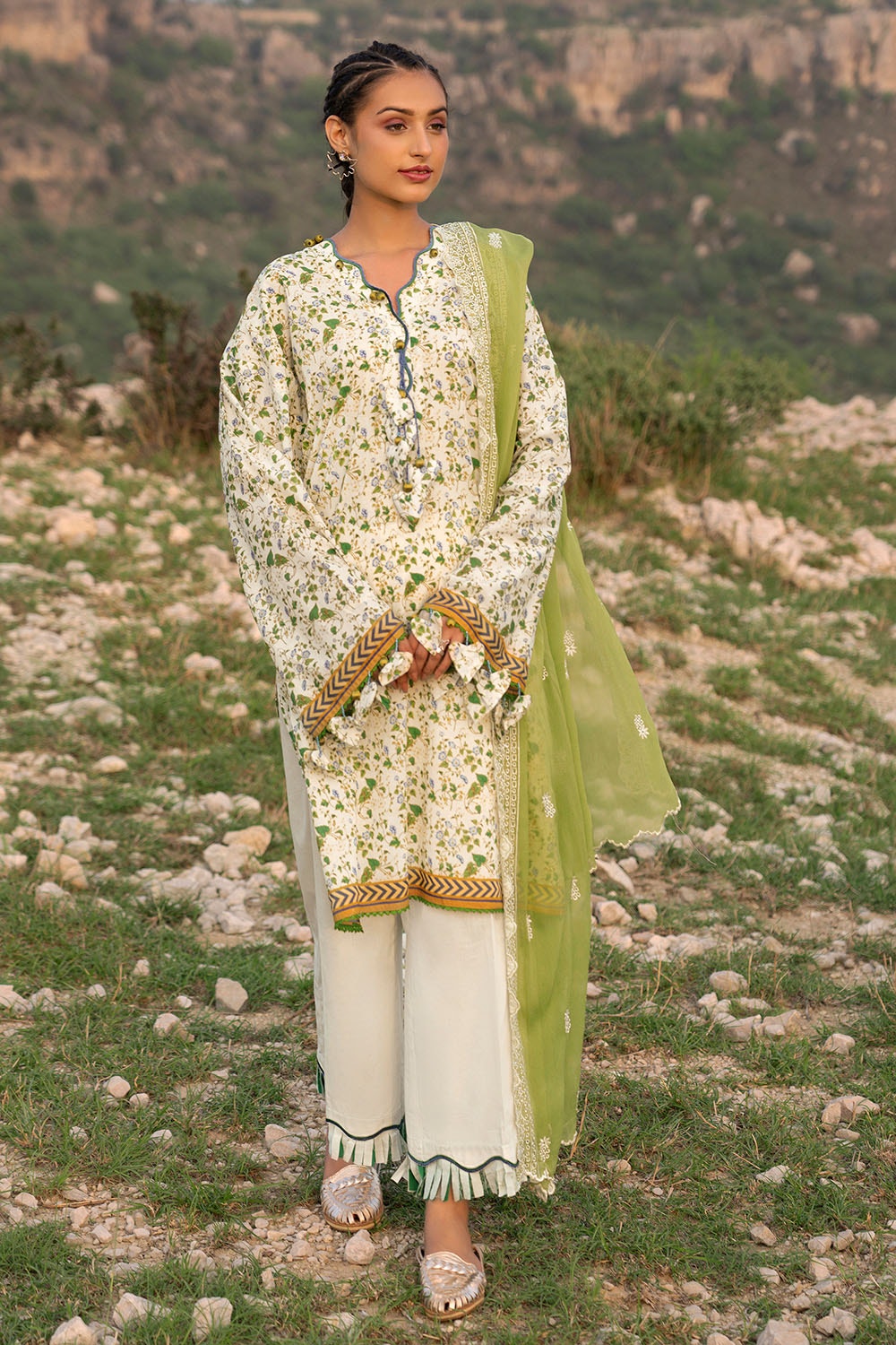 3 Piece Unstitched Printed Lawn Suit with Embroidered Chiffon Dupatta BM-52044