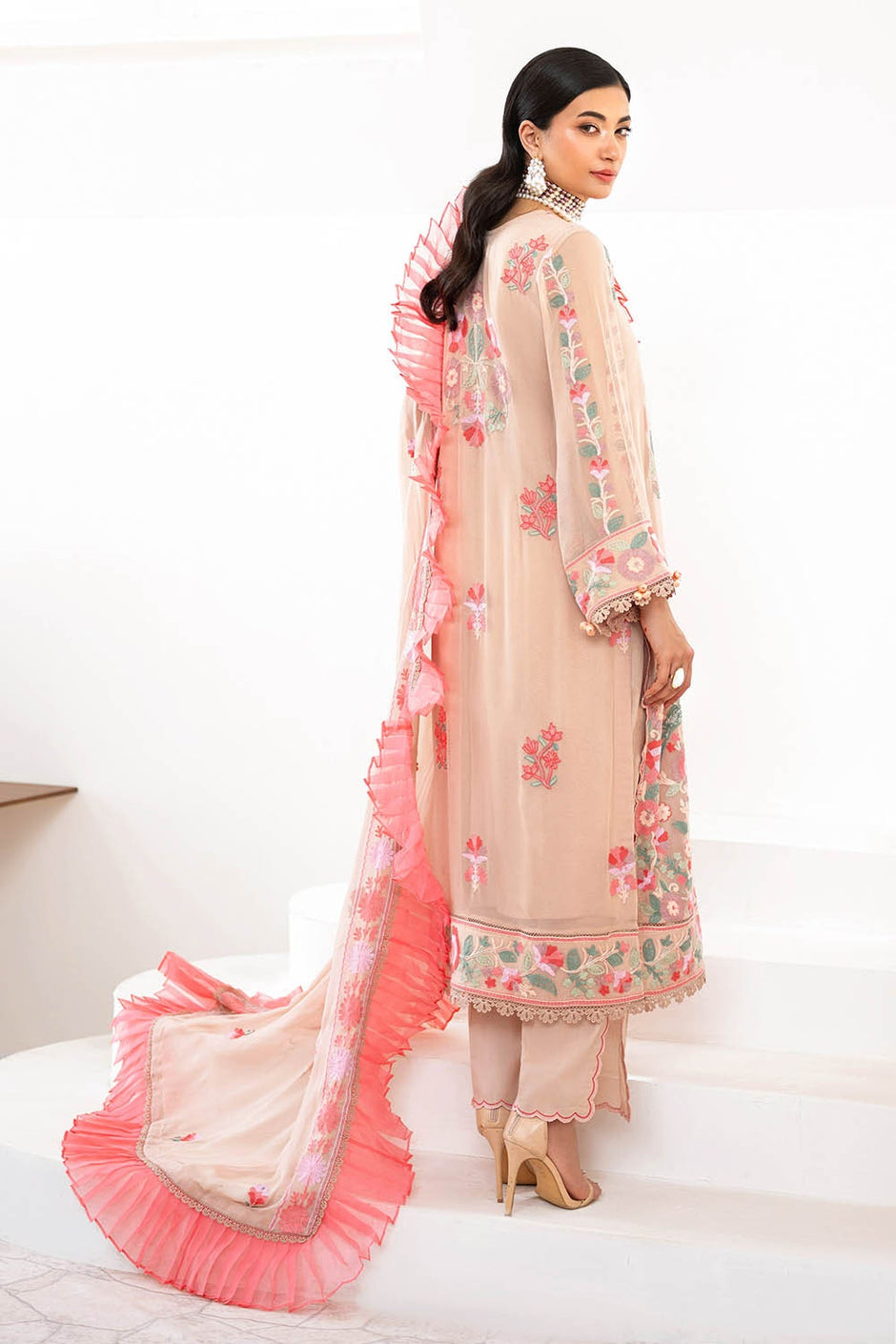 3 Piece Unstitched Embroidered Chiffon Suit with Embroidered Chiffon Dupatta