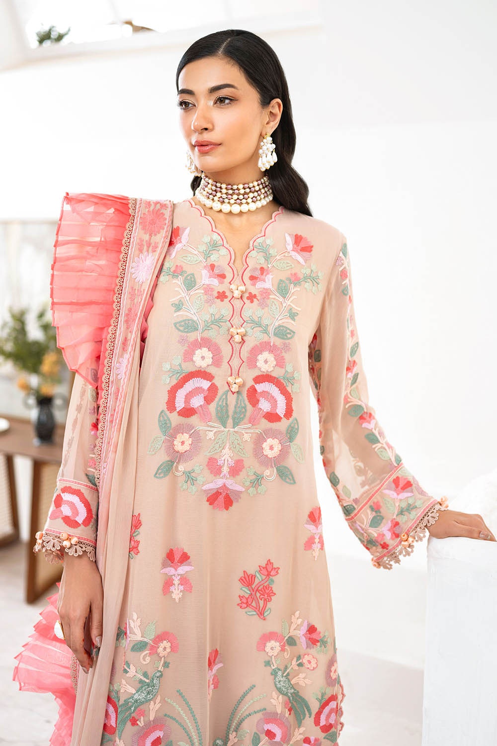 3 Piece Unstitched Embroidered Chiffon Suit with Embroidered Chiffon Dupatta