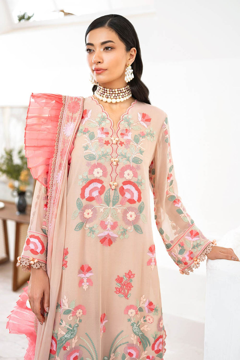 3 Piece Unstitched Embroidered Chiffon Suit with Embroidered Chiffon Dupatta