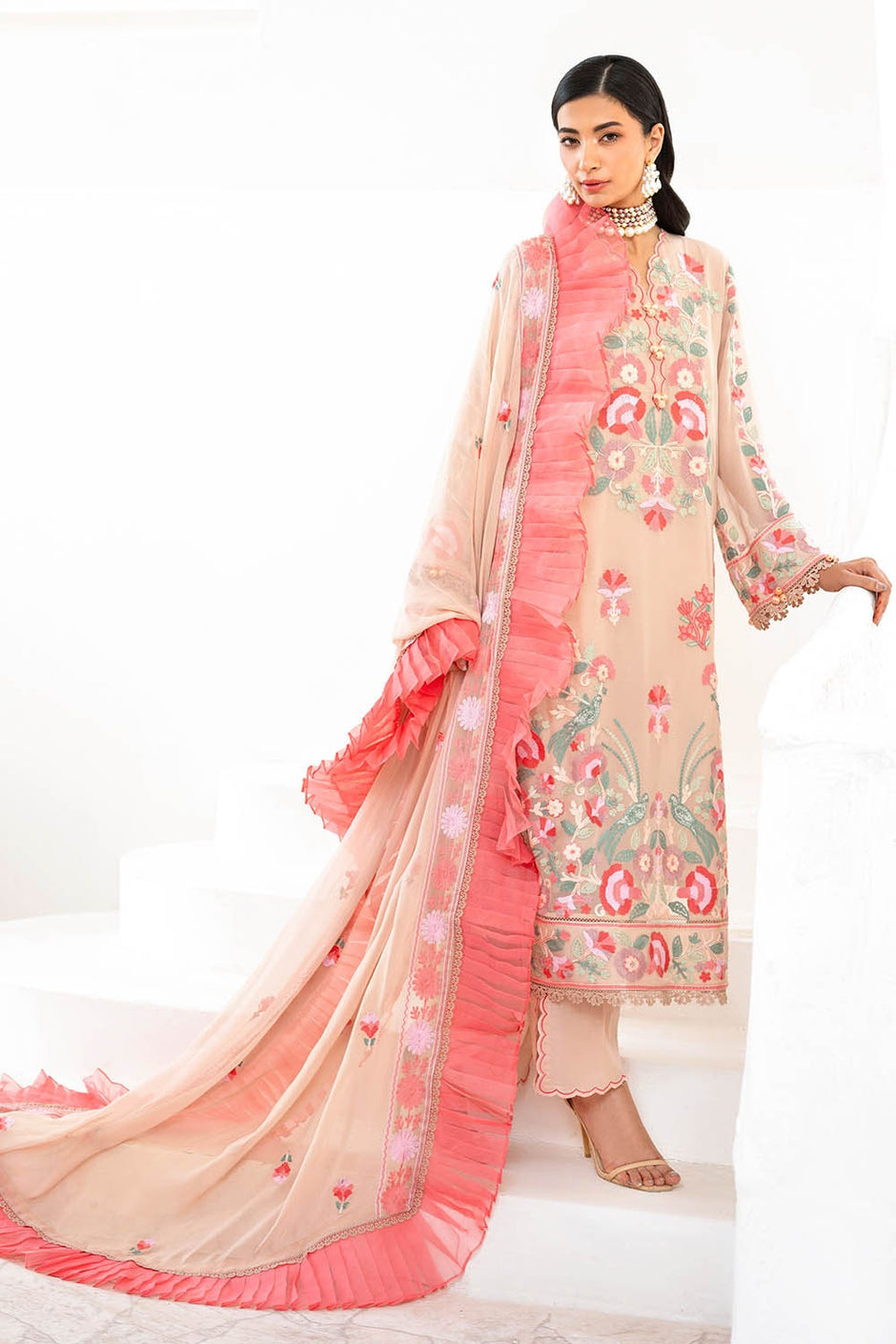 3 Piece Unstitched Embroidered Chiffon Suit with Embroidered Chiffon Dupatta