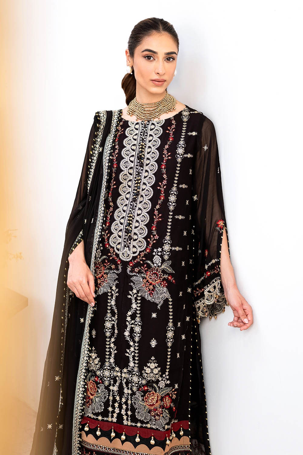 3 Piece Unstitched Embroidered Chiffon Suit with Embroidered Chiffon Dupatta