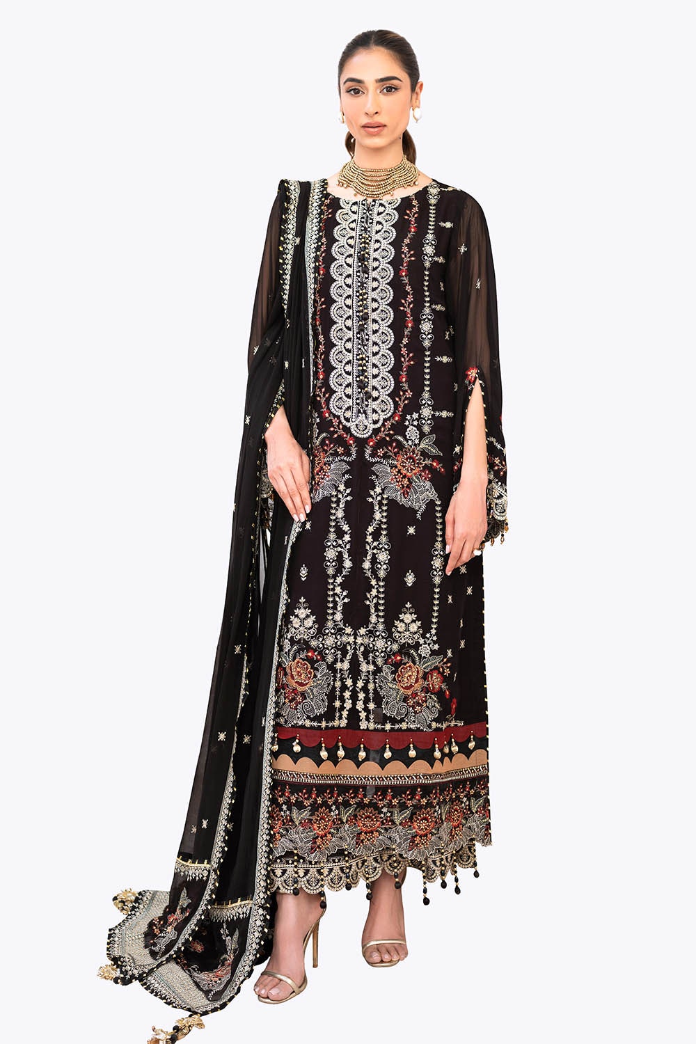 3 Piece Unstitched Embroidered Chiffon Suit with Embroidered Chiffon Dupatta