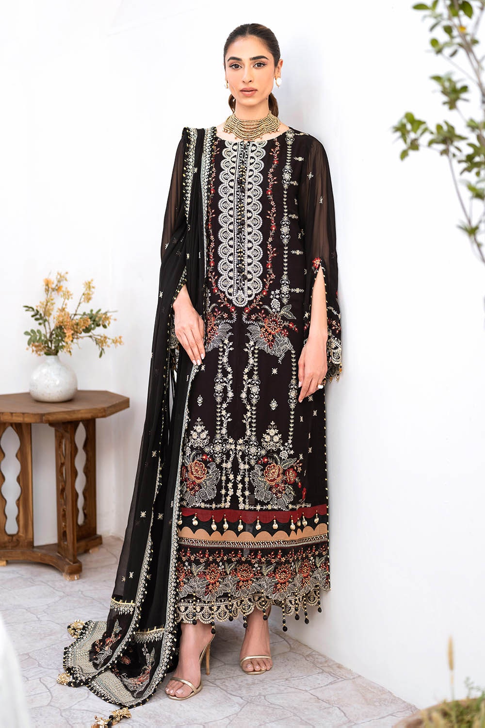 3 Piece Unstitched Embroidered Chiffon Suit with Embroidered Chiffon Dupatta