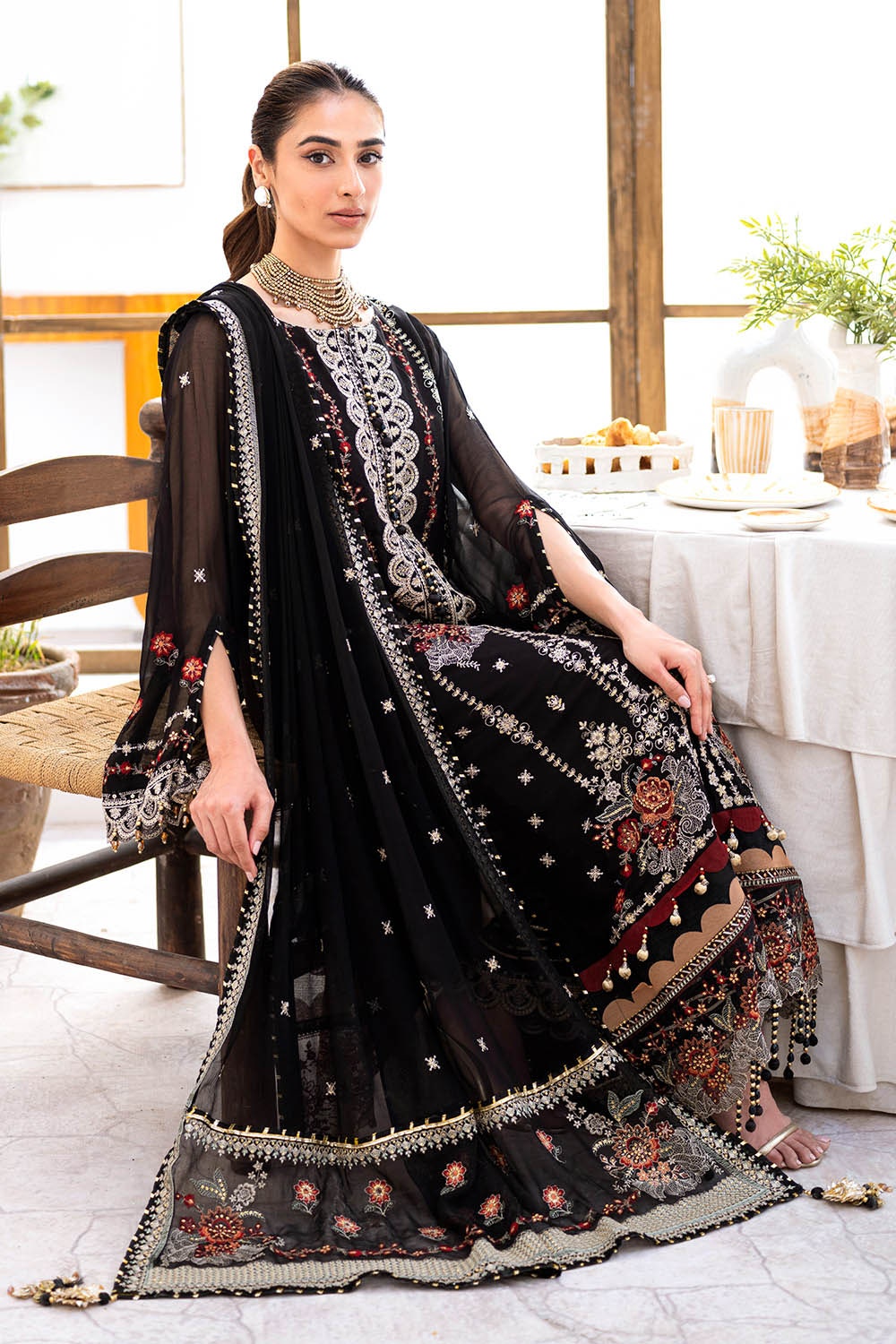 3 Piece Unstitched Embroidered Chiffon Suit with Embroidered Chiffon Dupatta