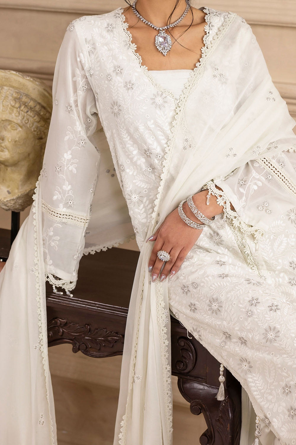 3 Piece Unstitched Embroidered Swiss Voile Suit with Embroidered Chiffon Dupatta with Lace LSV-52017