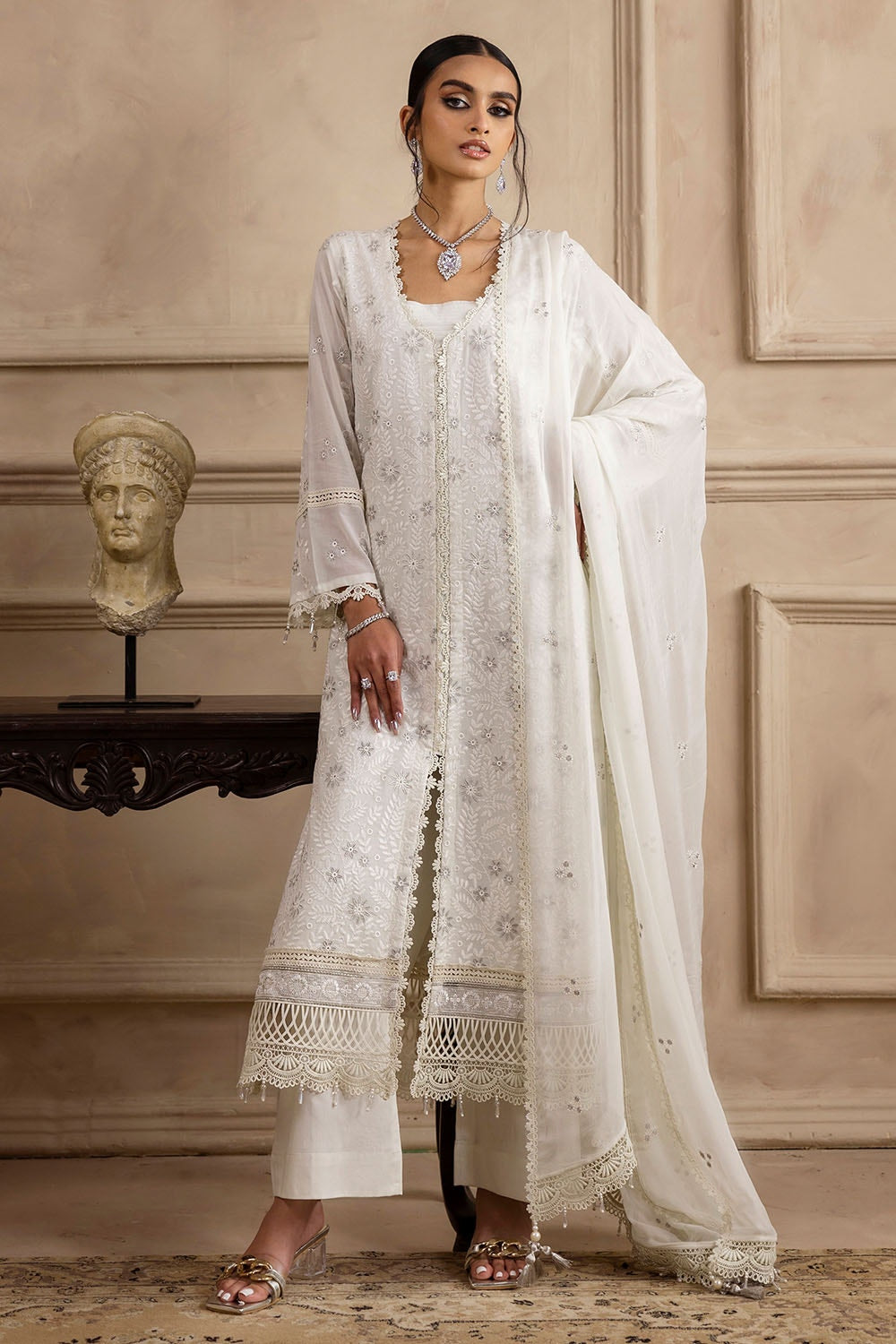 3 Piece Unstitched Embroidered Swiss Voile Suit with Embroidered Chiffon Dupatta with Lace LSV-52017