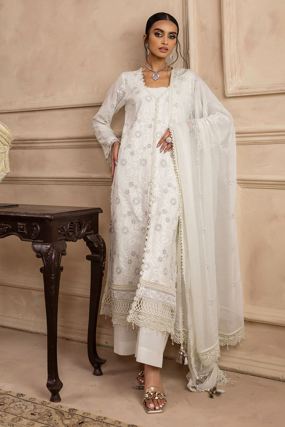 3 Piece Unstitched Embroidered Swiss Voile Suit with Embroidered Chiffon Dupatta with Lace LSV-52017