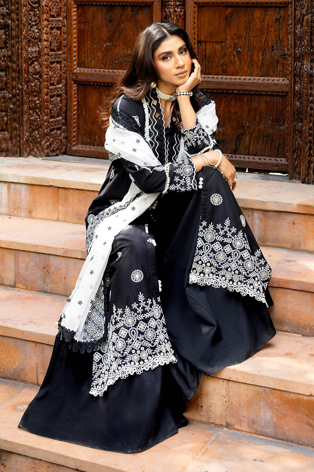 3 Piece Unstitched Schiffli Embroidered Lawn Suit with Embroidered Cotton Net Dupatta CN-52001
