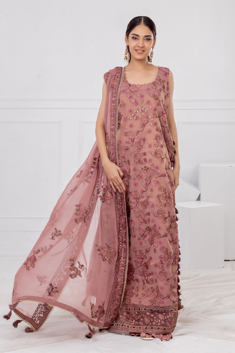 3 Piece Unstitched Embroidered Mehsuri Jacquard Suit with Embroidered Chiffon Dupatta FE-52031