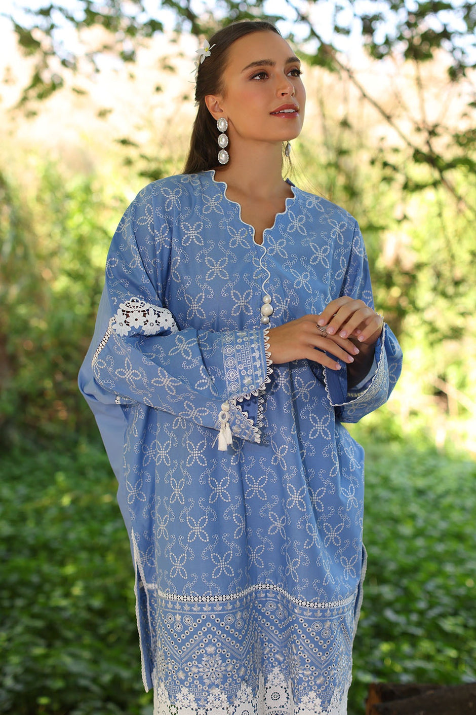 2 Piece Unstitched Embroidered Lawn Shirt with Dyed Trouser
