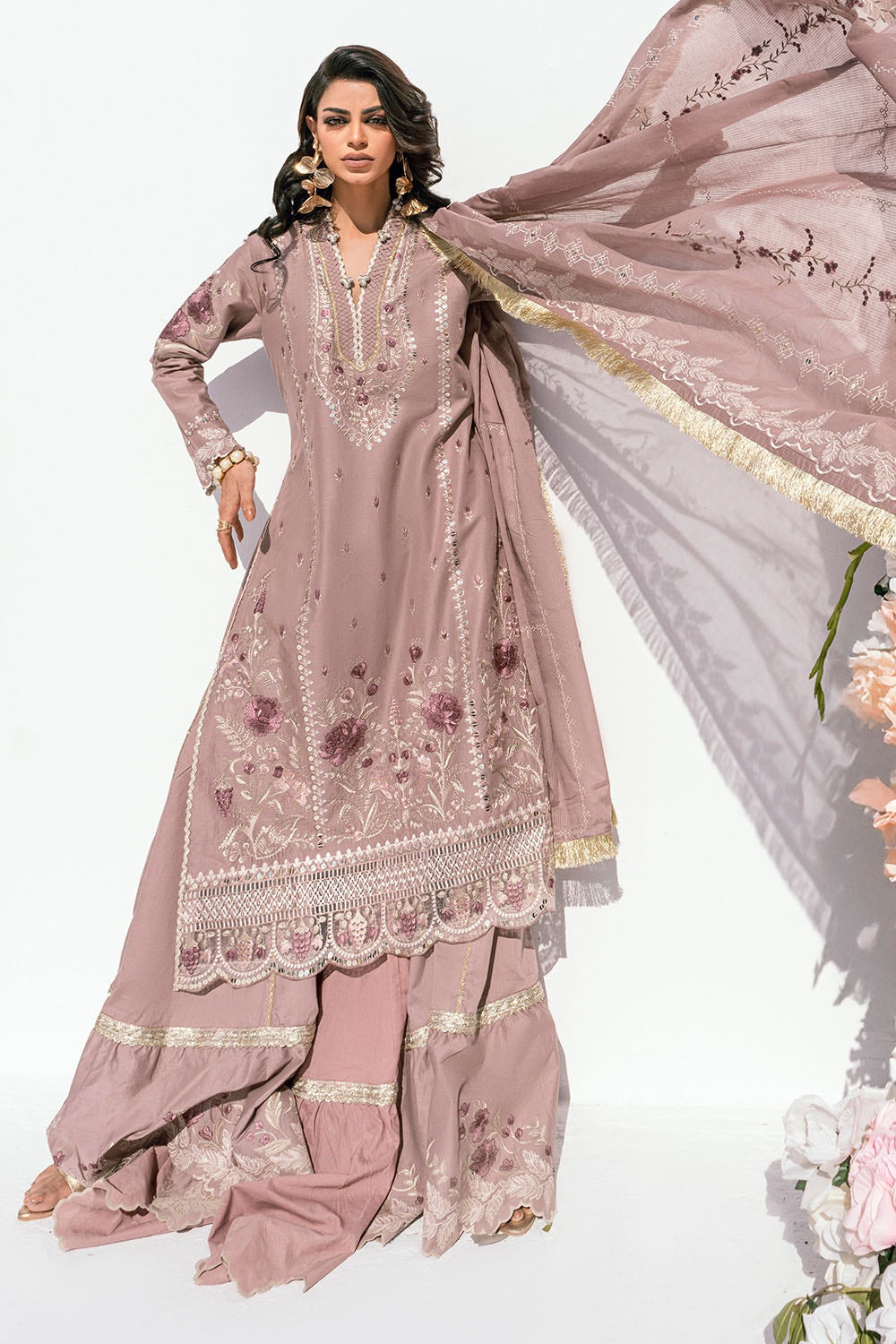 3 Piece Unstitched Embroidered Lawn Suit with Embroidered Denting Lawn Dupatta DN-52009